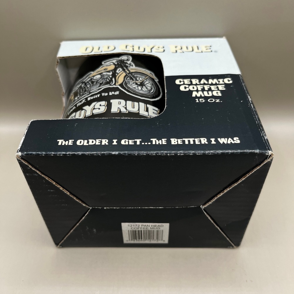 Old Guys Rule Pan Head Motorcycle Ceramic Coffee Mug 15 Oz Black New in Box - Picture 4 of 10